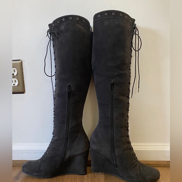 Like New! Stuart Weitzman Suede Knee High Lace Up Wedge Boots, Size 9 - Picture 2 of 16